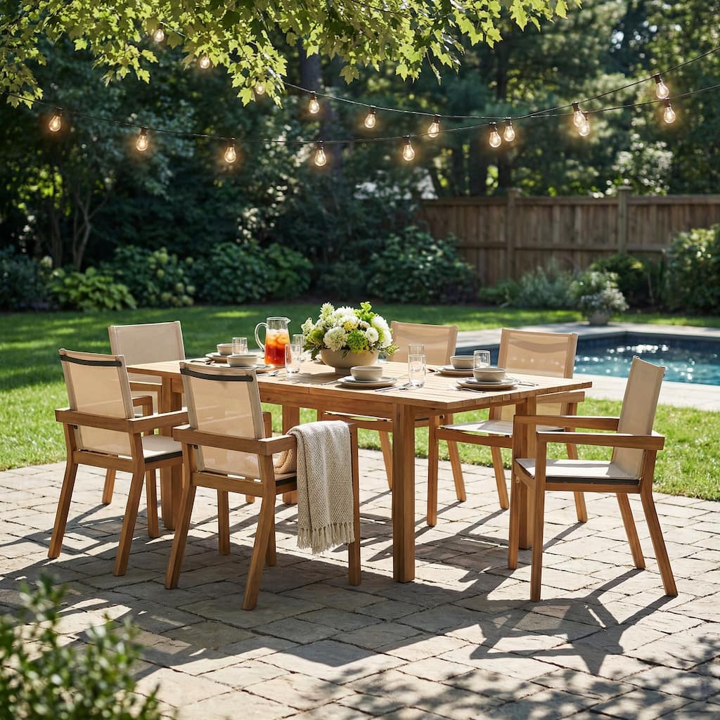 Christopher Knight Home - Mid-Century 7-Piece Outdoor Patio Dining Set with Expandable Acacia Wood Table and Mesh Armchairs