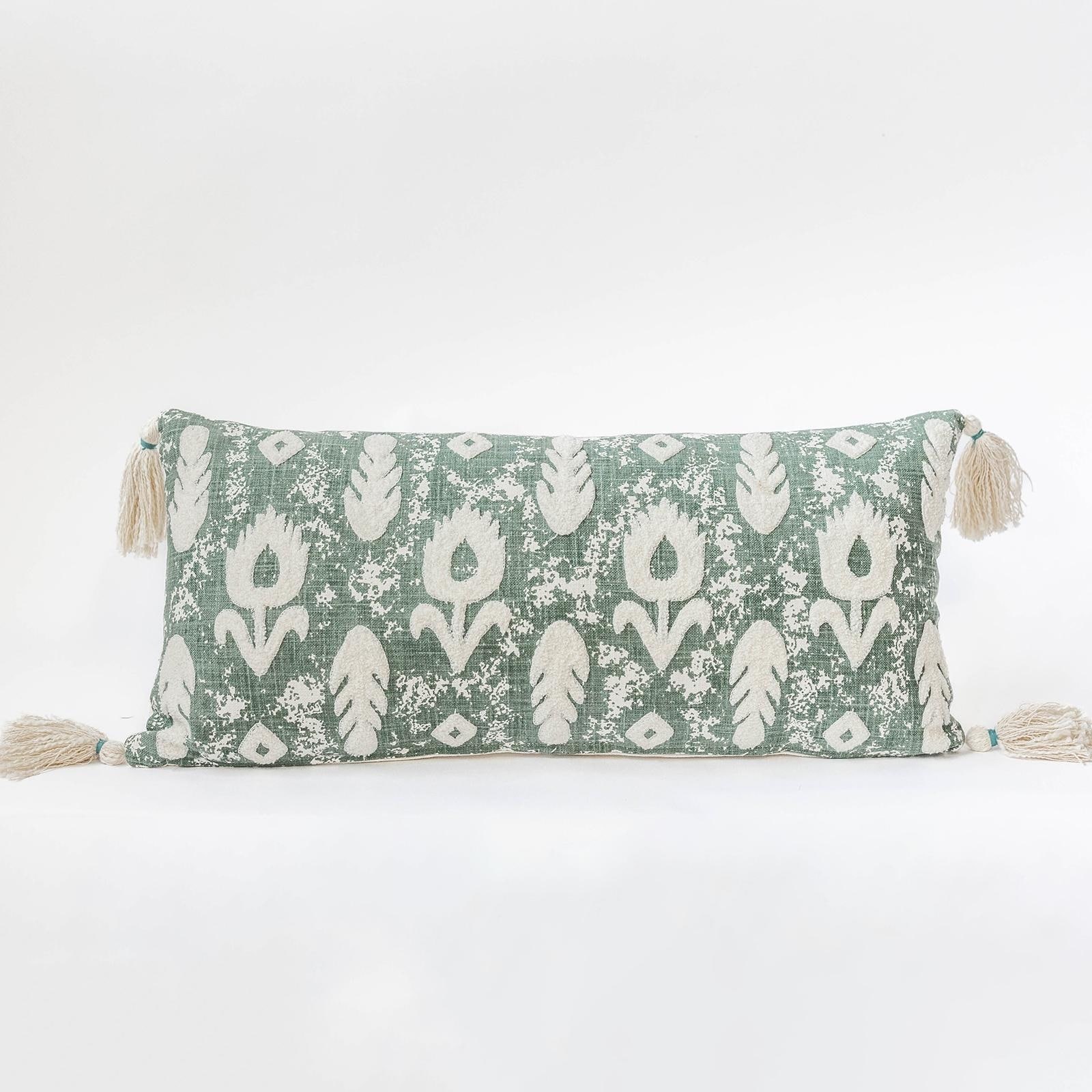 Green With White Flowers And Tassels Cushion Cover