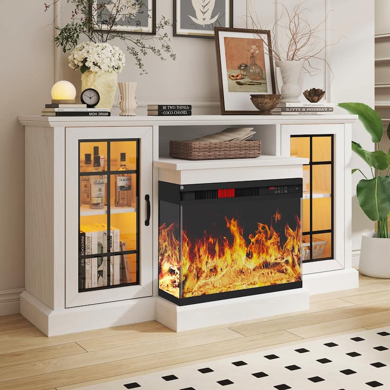 59''Fireplace TV Stand with 3-Sided Glass Electric Fireplace - White