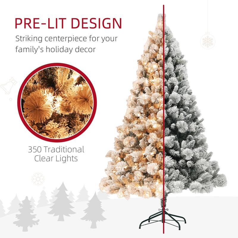 HOMCOM Pre-Lit Snow Flocked Tree - Clear Lights, Metal Stand, Hinged Branches, Home/Office - Green