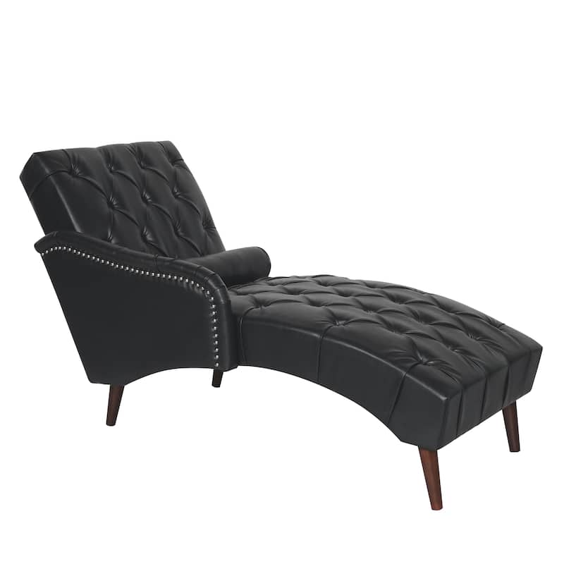 Faux Leather Chaise Lounge Chair with Pillow and Solid Wood Legs, Tufted Upholstered Accent Lounge Chair with Arm