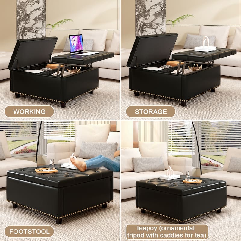 Large square storage stool with two storage doors footstool Studded mid-century modern coffee table