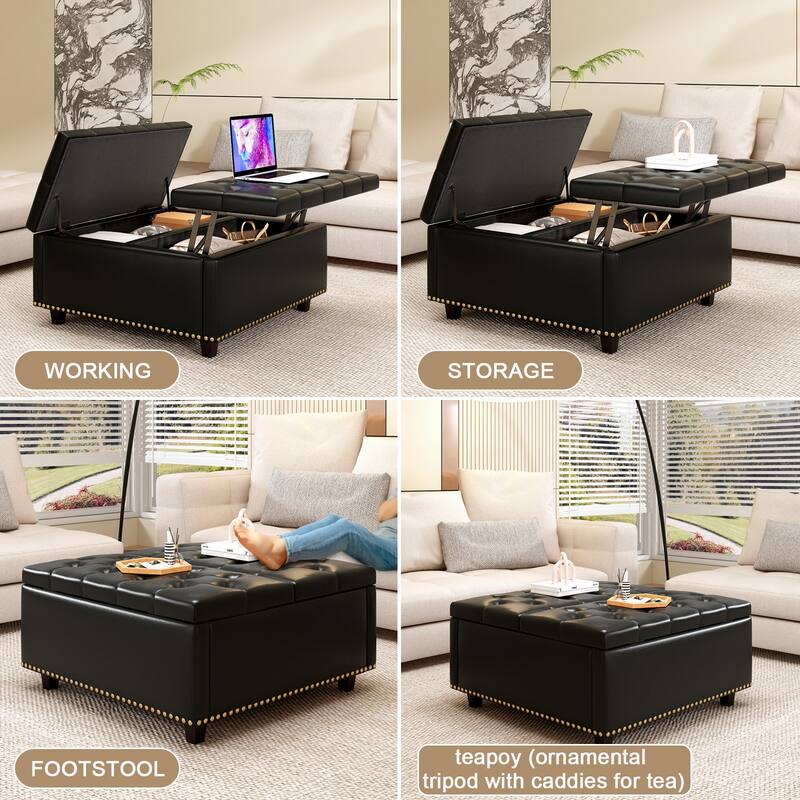 PU Leather Oversized Storage Square Ottoman, Mid-Century Modern Style