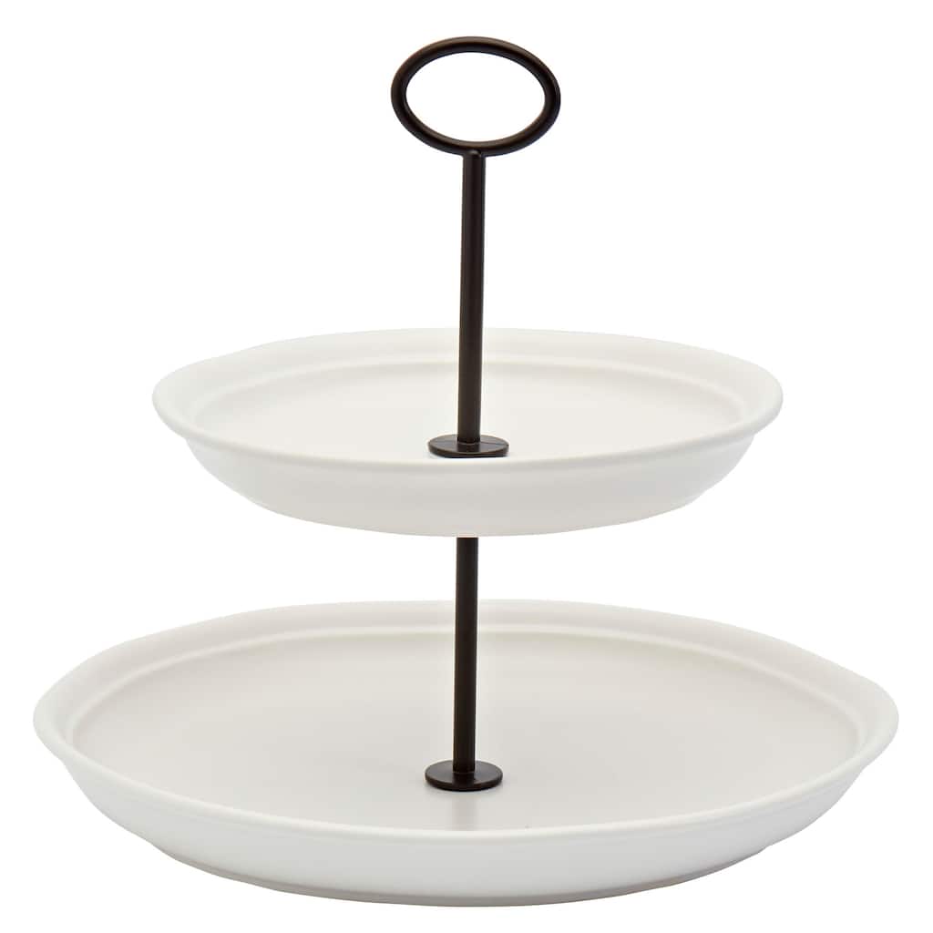 Bee & Willow White Stoneware 2 Tier Round Server