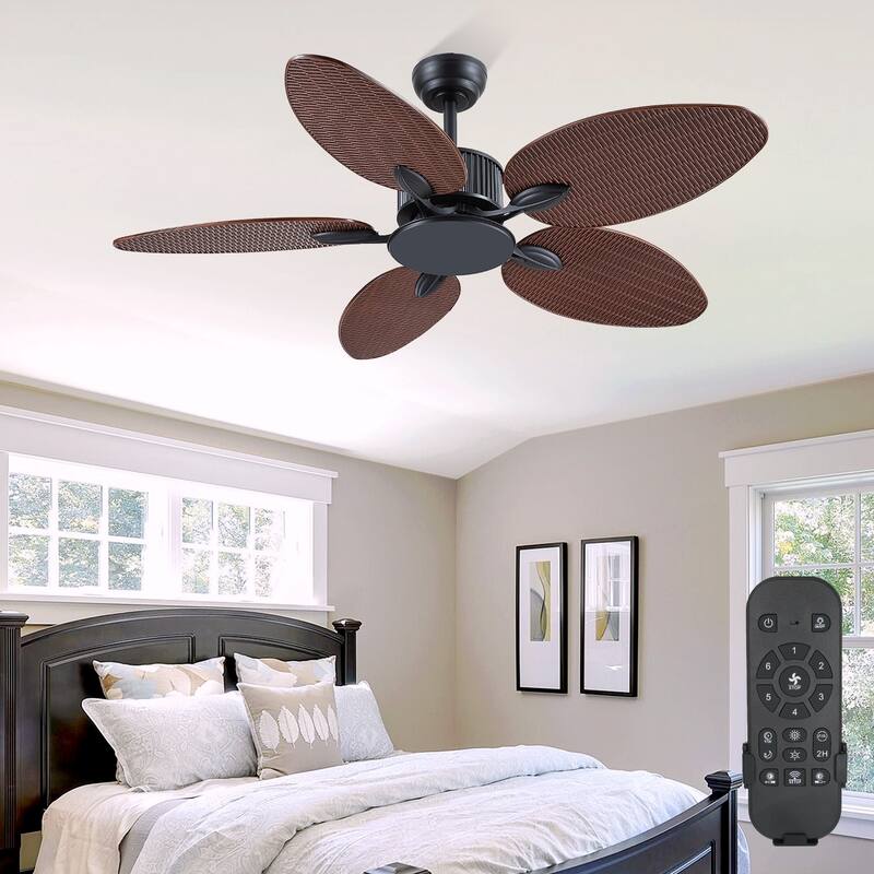 50 Inch Tropical Ceiling Fan with Palm Leaf Blades Glass Cover Remote Control Waterproof for Indoor and Outdoor Patio
