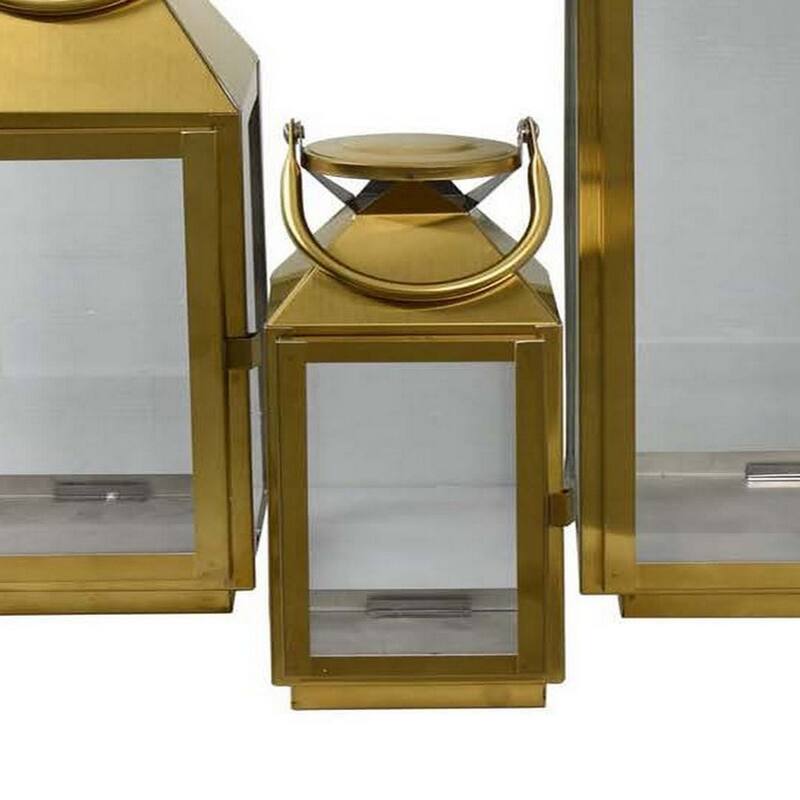 Davi Set of 3 Decorative Lanterns, Curved Handles, Glass Panel, Gold Metal