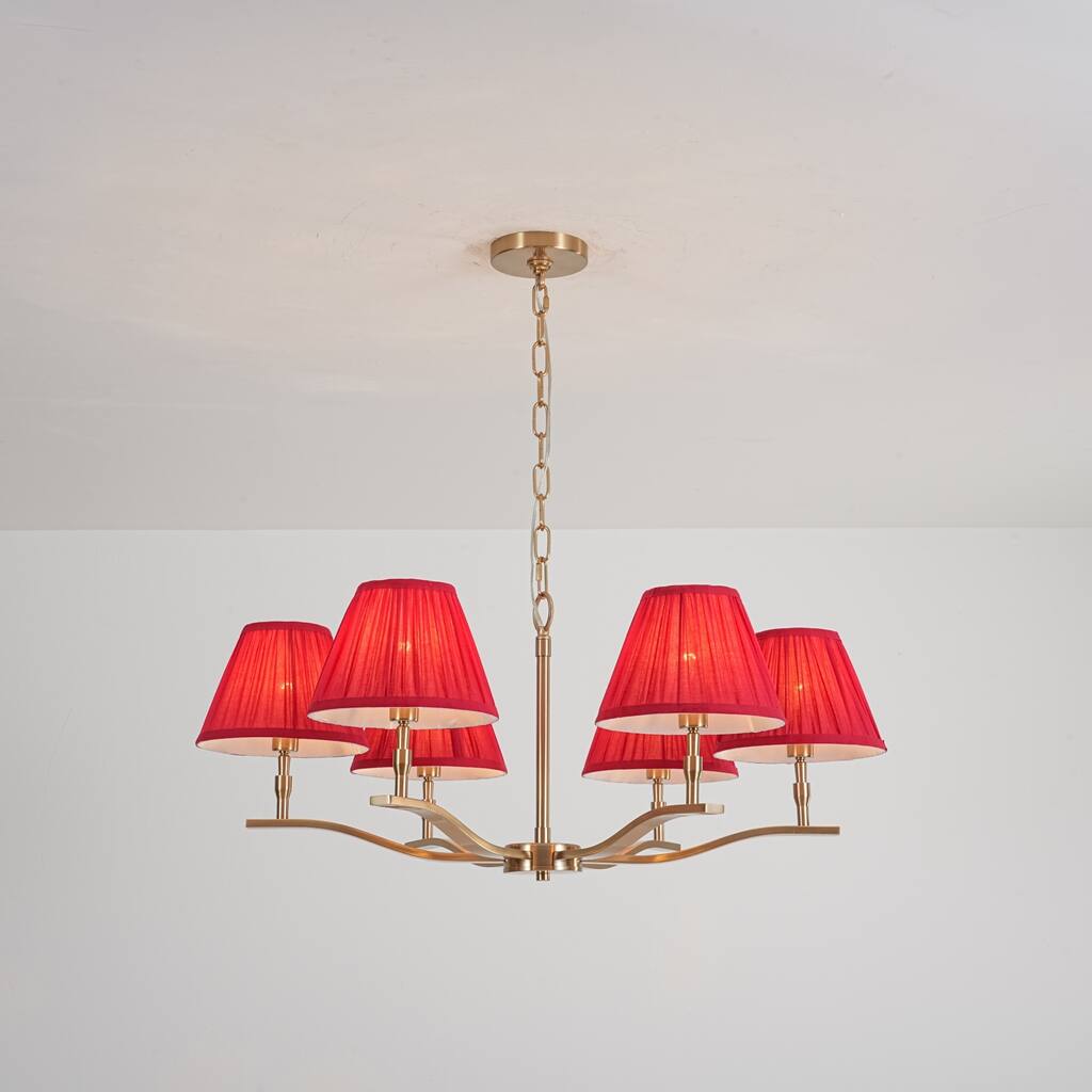 31.5" W Mid-Century Traditional Brass Finish Dimmbale Chandelier with Red Pleated Fabric Shades for Living & Dining Room