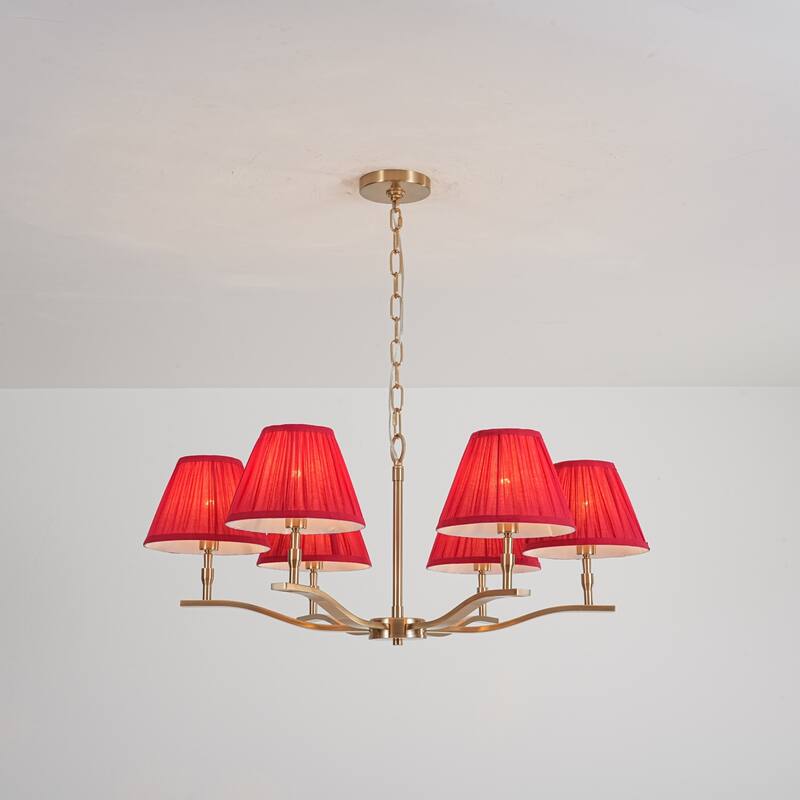 31.5" W Mid-Century Traditional Brass Finish Dimmbale Chandelier with Red Pleated Fabric Shades for Living & Dining Room - Gold/Red - 31.5 in. W x 13.5 in. H x 31.5 in. D