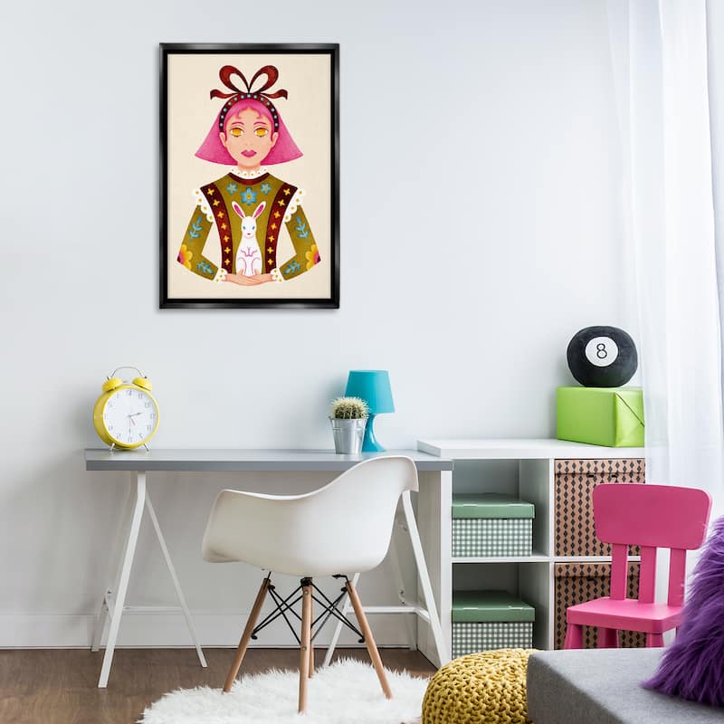 Stupell Pink Haired Girl & Bunny Framed Floater Canvas Wall Art Design By Hannah Moren