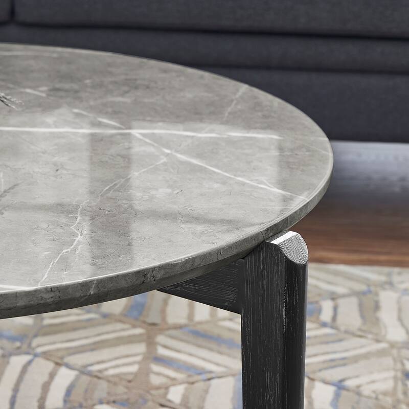 Modern 24-Inch Round Coffee Table - Stylish Imitation Marble Top with Solid Rubber Wood Legs-Perfect Small Wooden Coffee Table