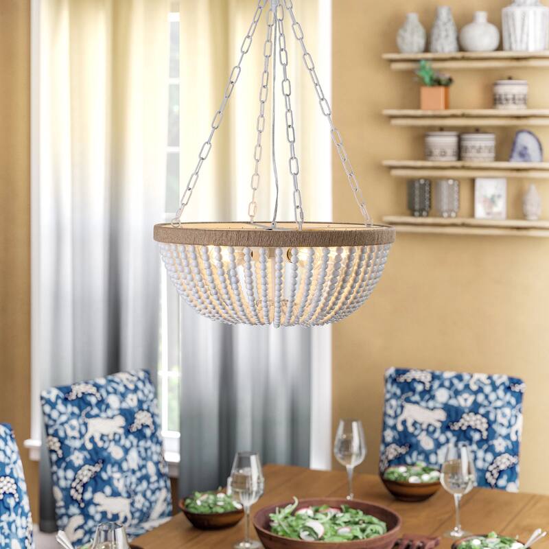 Cusp Barn 5-Light Modern Boho Style Chandelier, 23.6-Inch Oak White Wood Beaded Kitchen Island Pendant Light for Dining Room