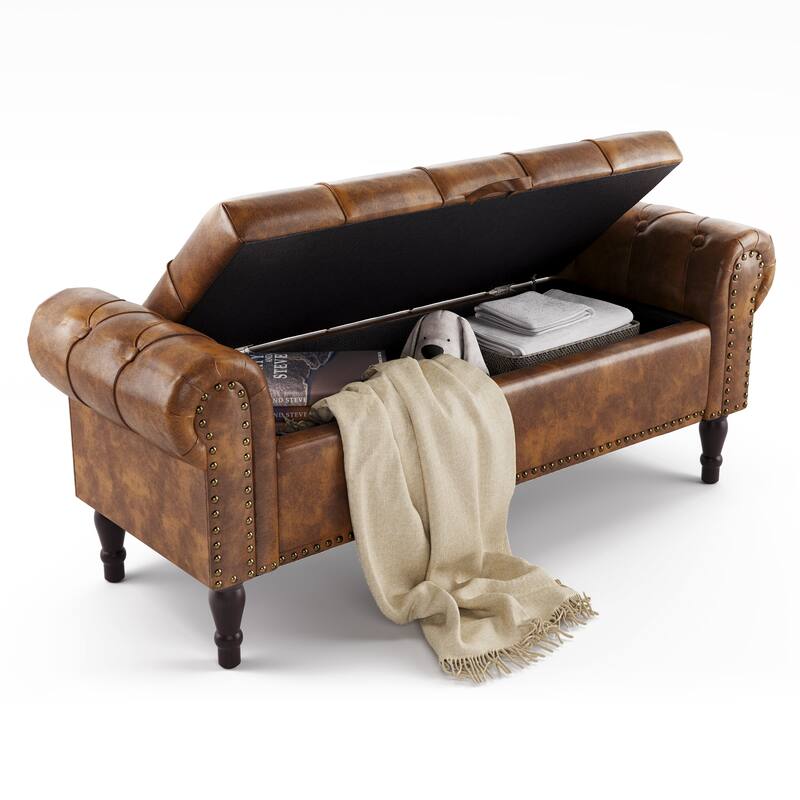 Modern Velvet Upholstered Storage Bench with Silver Nailhead Trim