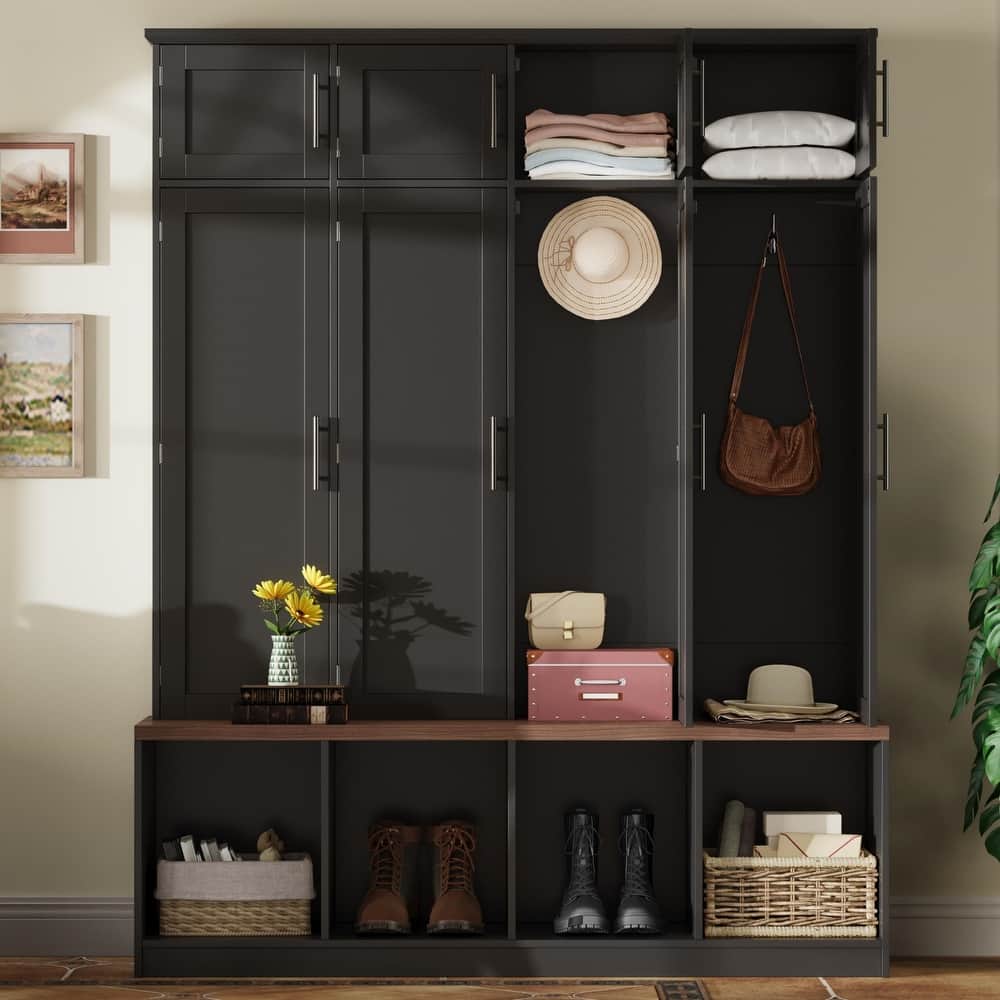 Farmhouse Hall Tree with Bench - 4 Hidden Hooks & 8-Door Shoe Storage Cabinet - Entryway Organizer for Living Room