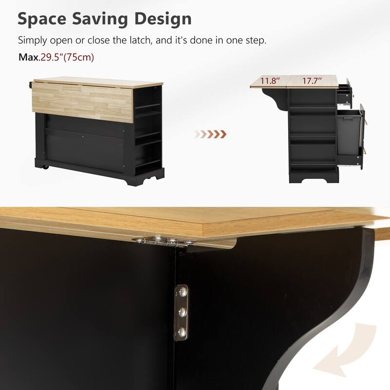 Kitchen Island with 6 Drawers, Pull Out Trash Can Storage, with Drop Leaf, Power Outlet, 5 Open Side Racks