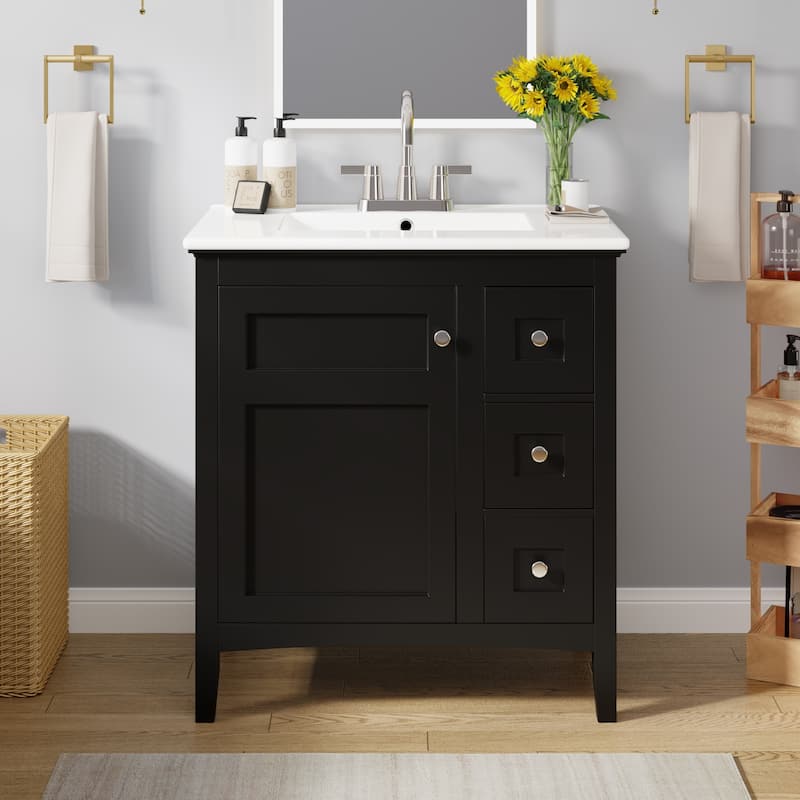 30'' Freestanding Bathroom Vanity in Black with White Integrated Ceramic Sink - 30'' x 18.3'' x 33.7'' - Painted - 30'' x 18.3'' x 33.7'' - Black