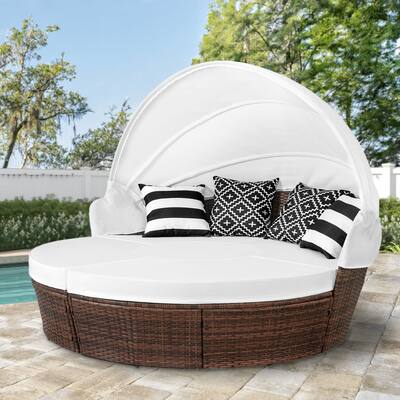 Ledel 5-piece Outdoor Wicker Round Daybed Sectional Sofa Sets With Retractable Canopy and Cushions