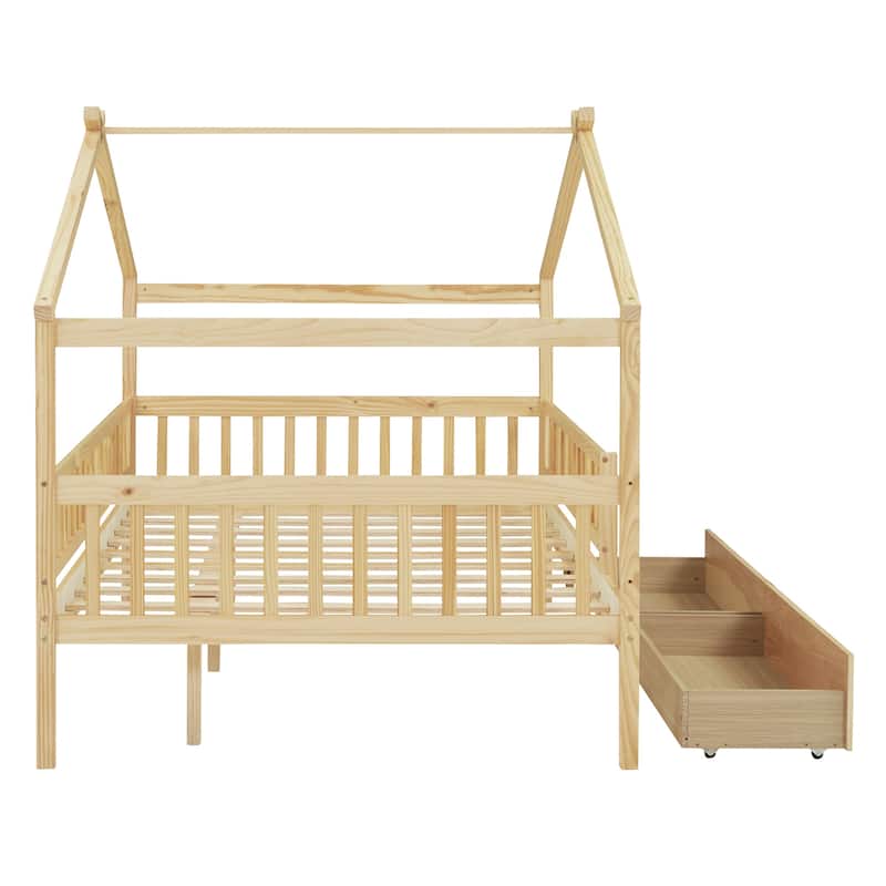 Wooden Full Size Creativity House Bed with 2 Storage Drawers, Solid Pinewood Daybed Frame with Roof Design, Wood Slats Support