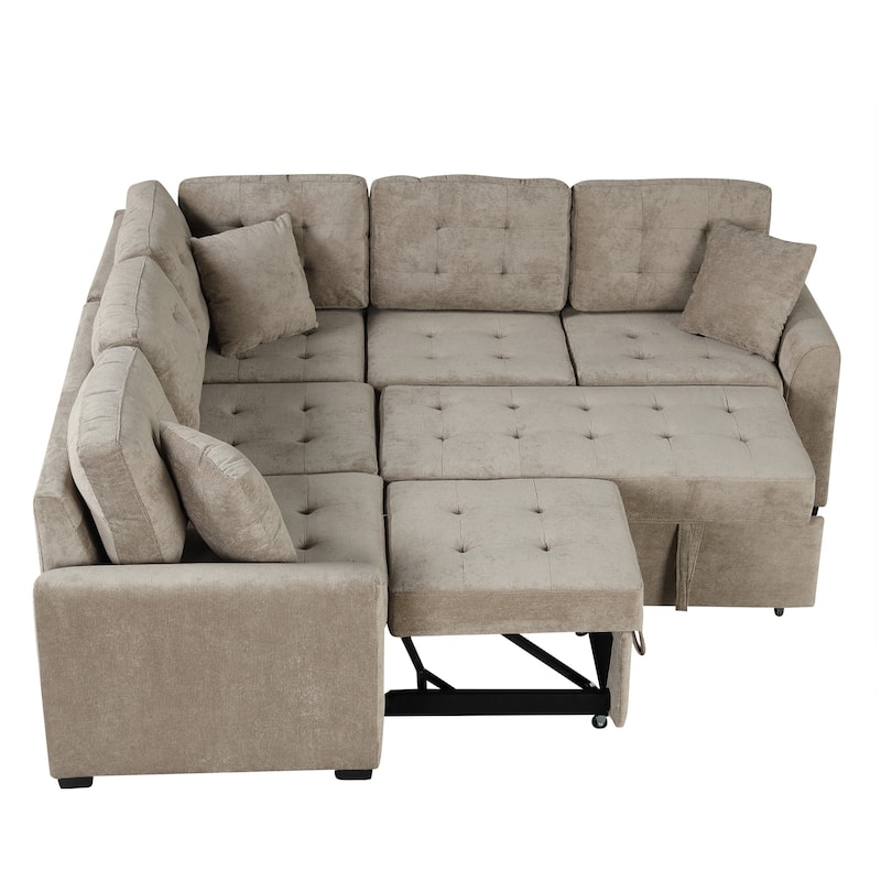 Brown 82.6" L-Shaped 5-Seat Sofa with Wheels & Pull-Out Bed