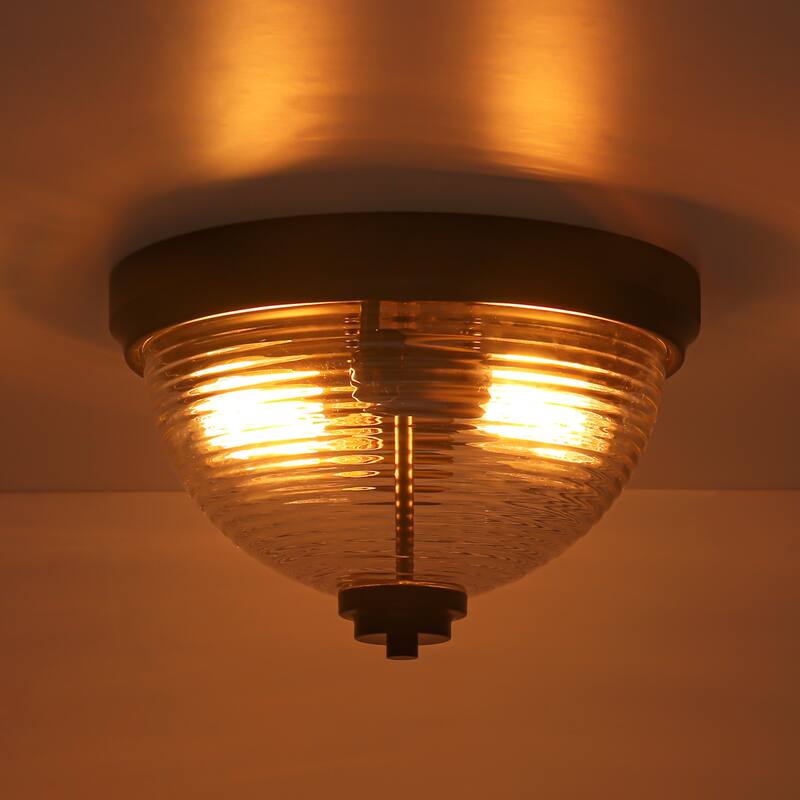 11.8 in. 2-Light Modern Matte Black Dome Flush Mount Ceiling Light with Clear Ribbed Glass Shade for Bedroom