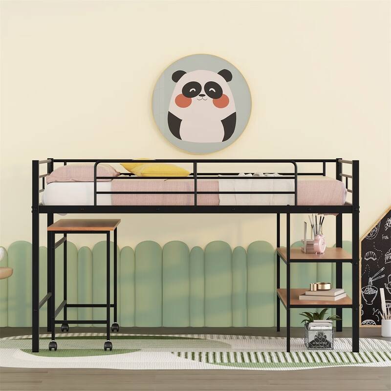 Merax Twin Size Metal Loft Bed with Desk and Shelves