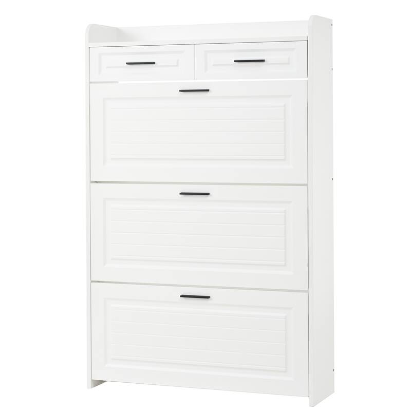 Shoe Cabinet with 3 Flip Drawers & 2 Drawers, Hidden Slim Shoe Rack Cabinet, Wood Entryway Narrow Shoe Storage Cabinet