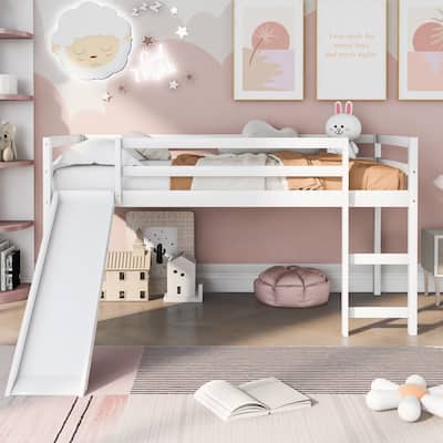 Twin Size Platform Bed Loft Bed with Ladder, Slide and Guardrails