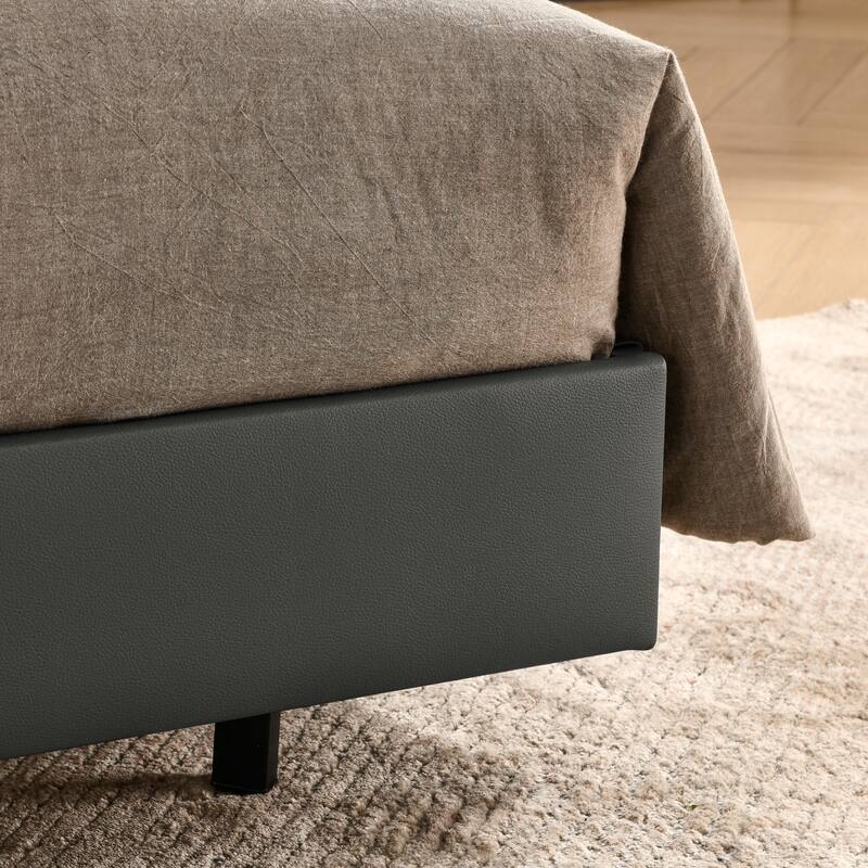 Queen Low Profile Bed Frame Upholstered Platform Bed with Wall Mounted Headboard and Wood Slats, No Box Spring Needed, Grey