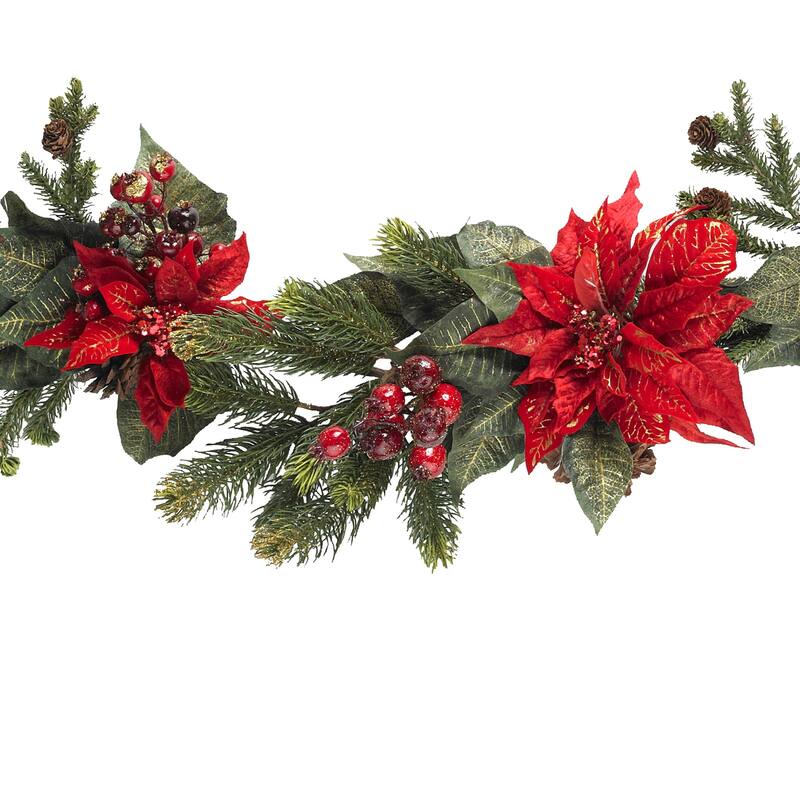 Holiday Garland 60 Inch, Festive Greenery with Red Leaves & Berries, Christmas Decor for Home