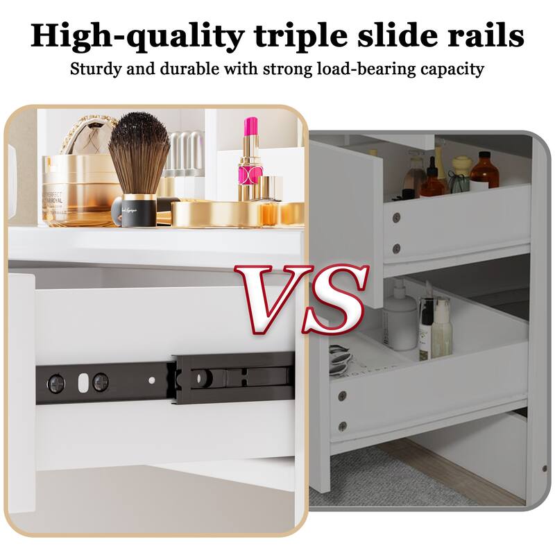 Vanity Desk with Lighten Mirror, 3 Color Mode Brightness Adjustable, ressing Table Set with Cabinet, Drawers, Shelves & Stool