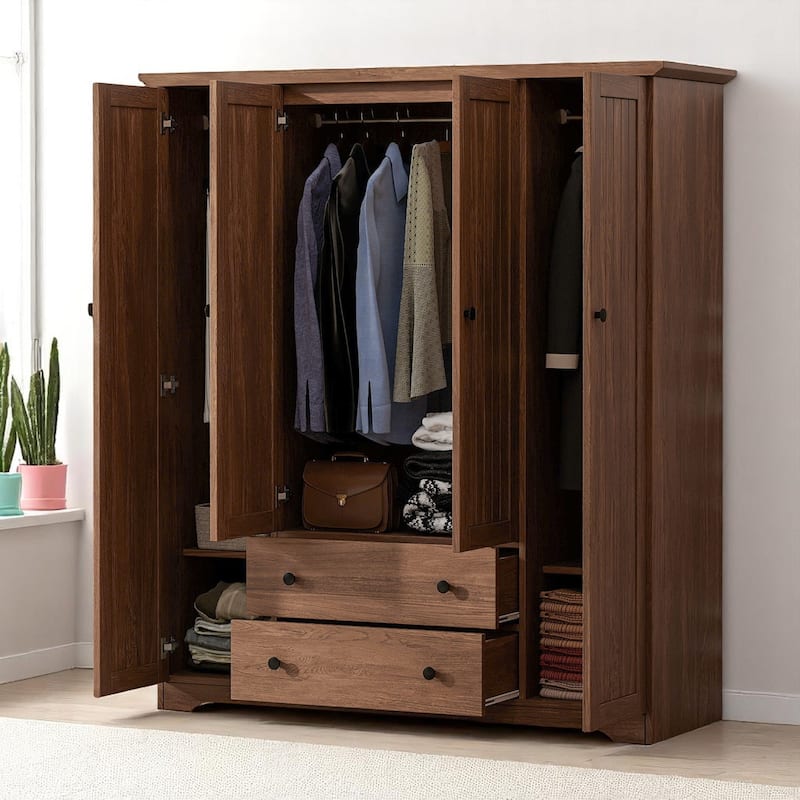 Wooden 4 Door Wardrobe Closet with 2 Drawers and Hanging Storage, Armoire Cabinet for Bedroom Organization