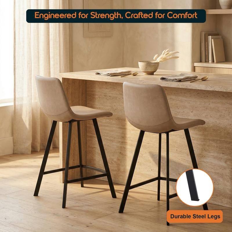 Elland Modern Minimalist Leather Upholstered Bar Stool with Accent Black Metal Base and Back Support for Home Bar or Kitchen