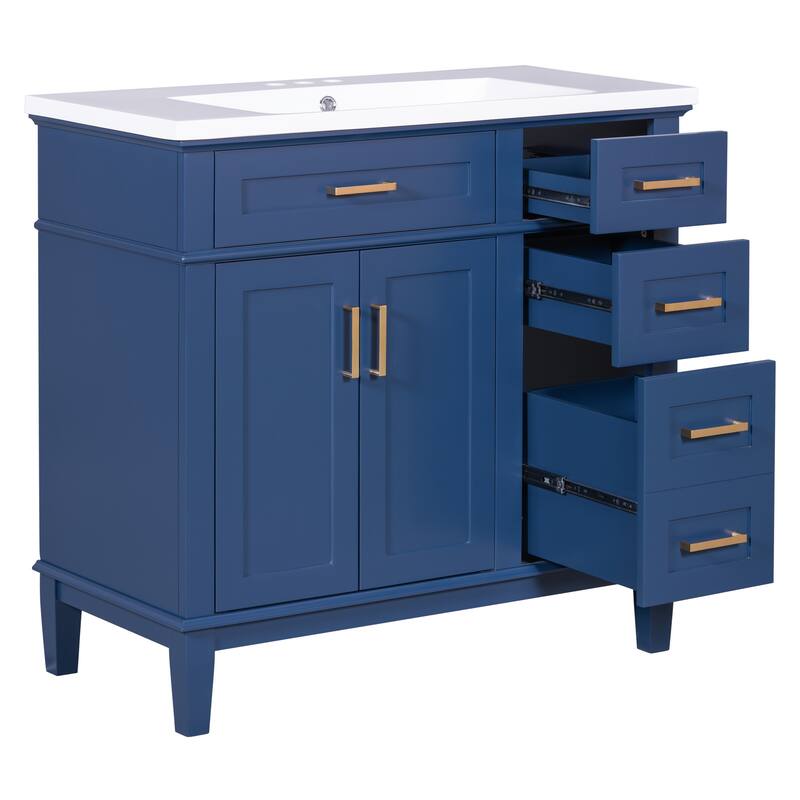 36 inch Solid Wood Bathroom Vanity with Ceramic Sink with Two Soft Close Doors and Four Drawers - 36''