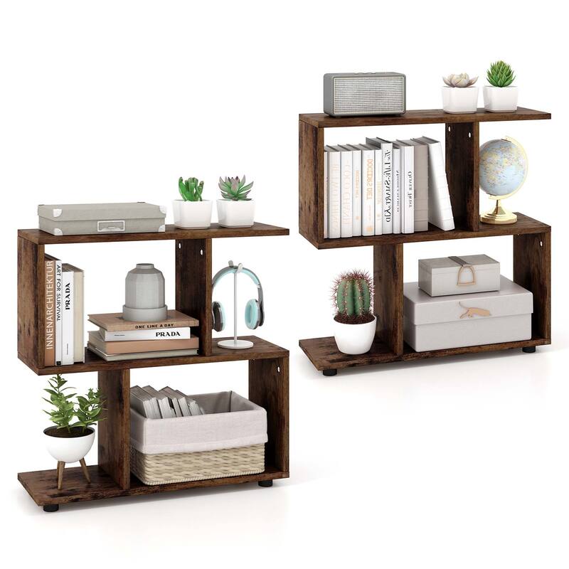 2PCS 2-Tier Wooden Bookshelf Free Standing S-Shaped Shelf Storage - Brown