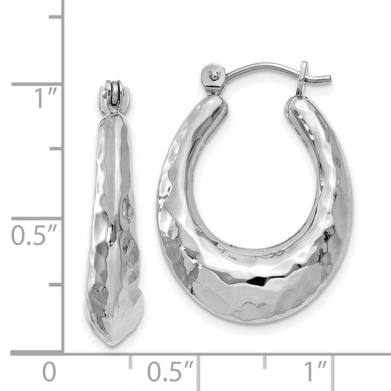 Curata 14k White Gold Hollow Polished 11x6mm Hinged Post Hammered Hoop Earrings