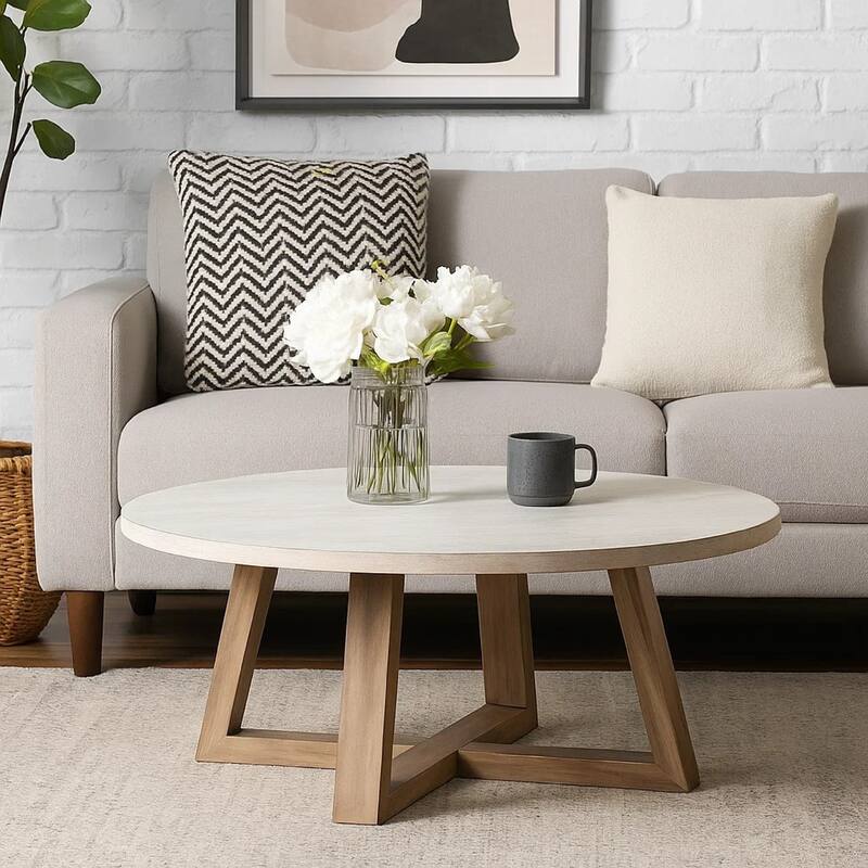Dilly Coffee Table, 48 Inch Round Light Gray Top, Wheat Brown Solid Wood