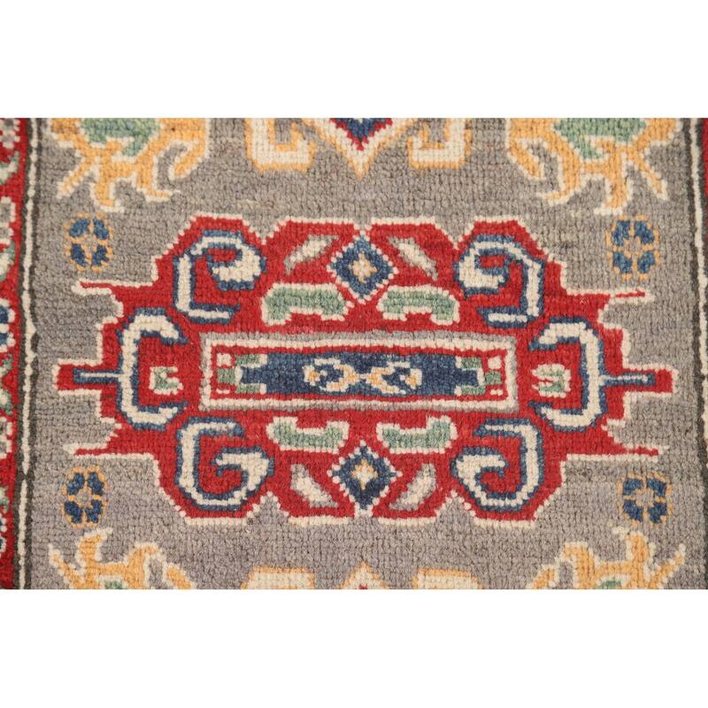 Geometric Kazak Accent Rug Hand-Knotted Grey Wool Carpet - 2'6" x 4'3"