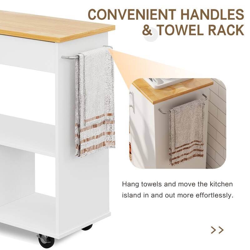 Kitchen Island with Towel Rack – Mobile Cart with Rubber Wood Top, Easy-Glide Storage