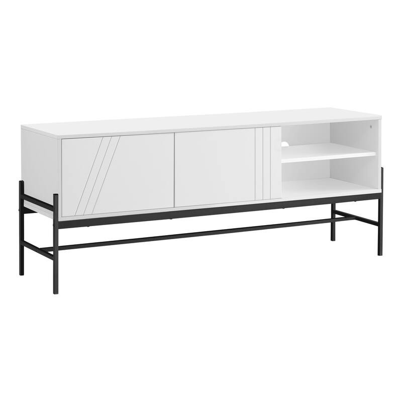 Modern 60-Inch TV Console with Grey Laminate and Black Metal, Entertainment Center with Storage - White