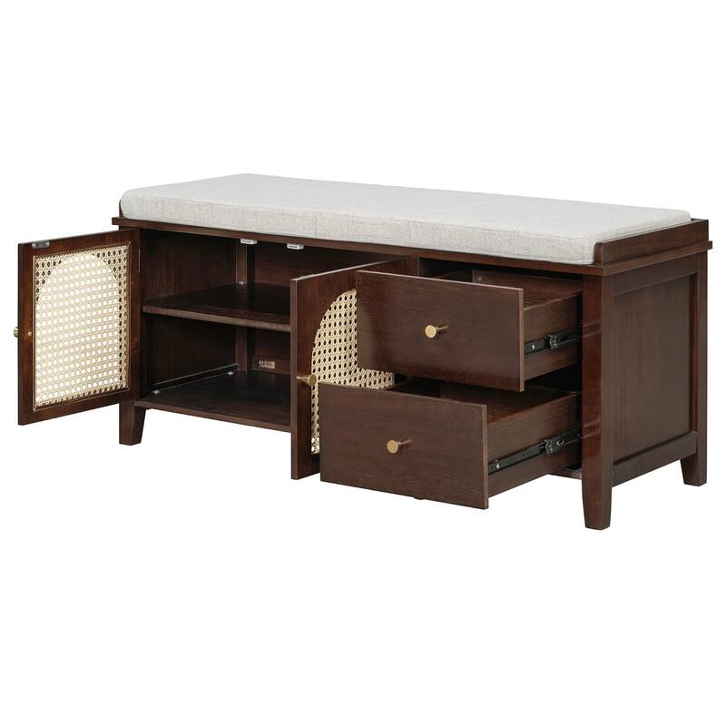 Wood Shoe Storage Bench with Cushion,2 Drawers and 2 Rattan Door