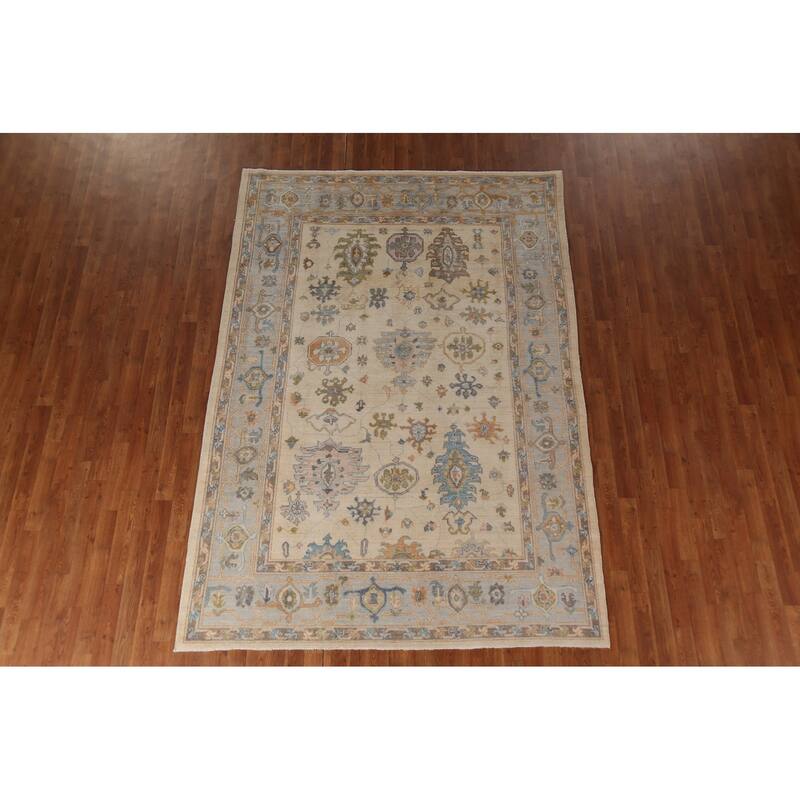 Ivory Oushak Vegetable Dye Turkish Area Rug Handmade Wool Carpet - 6'3"x 9'0"