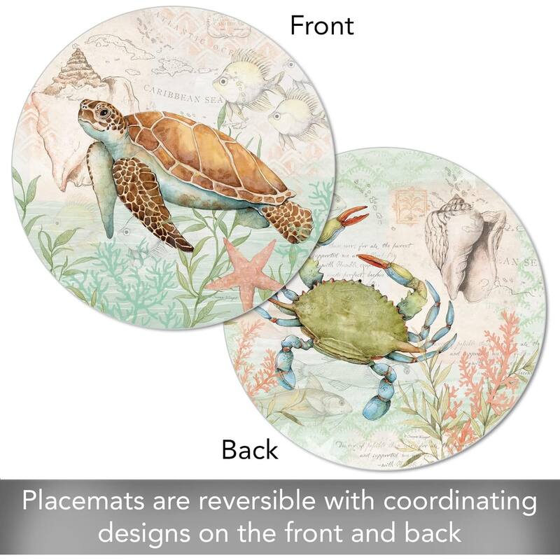 CounterArt Caribbean Seas Round Reversible Easy Care Plastic Placemat Set of 4 Made in The USA