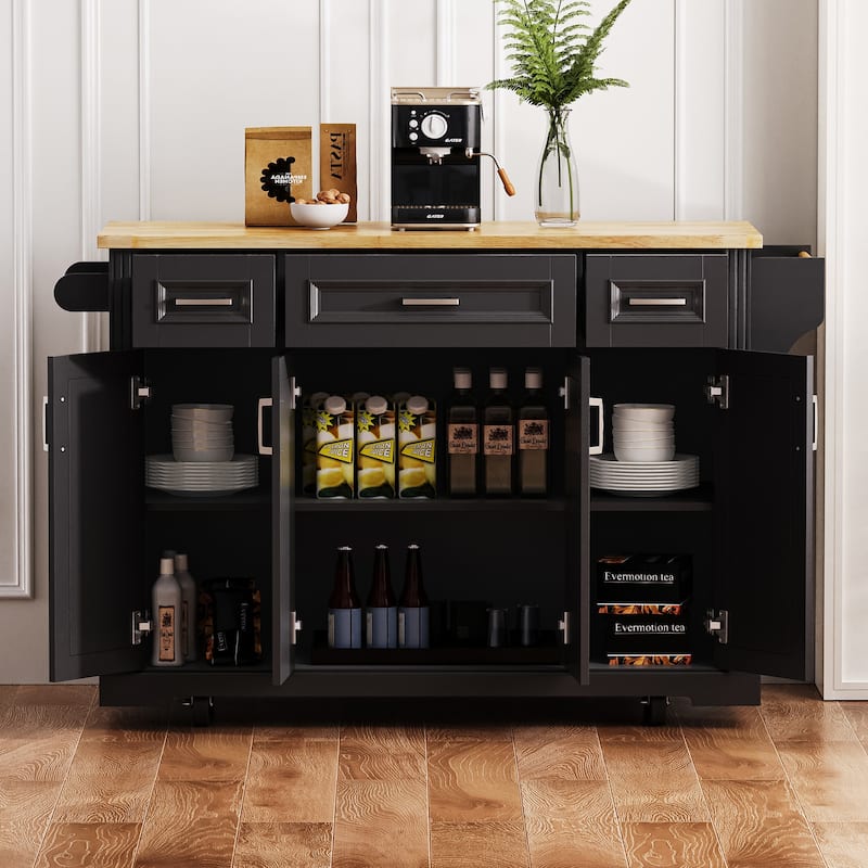 54" Rolling Kitchen Island on 4 Wheels with Drop Leaf and 4 Doors and 3 Drawers