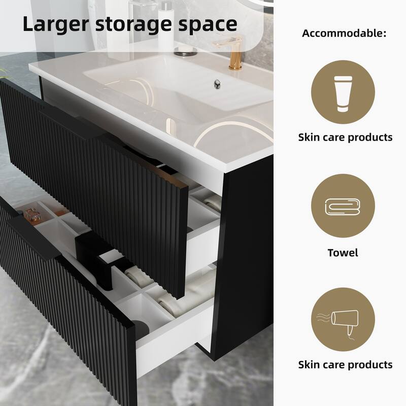 30 Inch Floating Bathroom Vanity with Ceramic Sink, Wall Mounted Fluted Cabinet with Drawers, Modern MDF Design