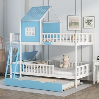 Full over Full Bunk Bed with Twin Size Trundle,Farmhouse Bed with Drawer and Storage Box,Housebed
