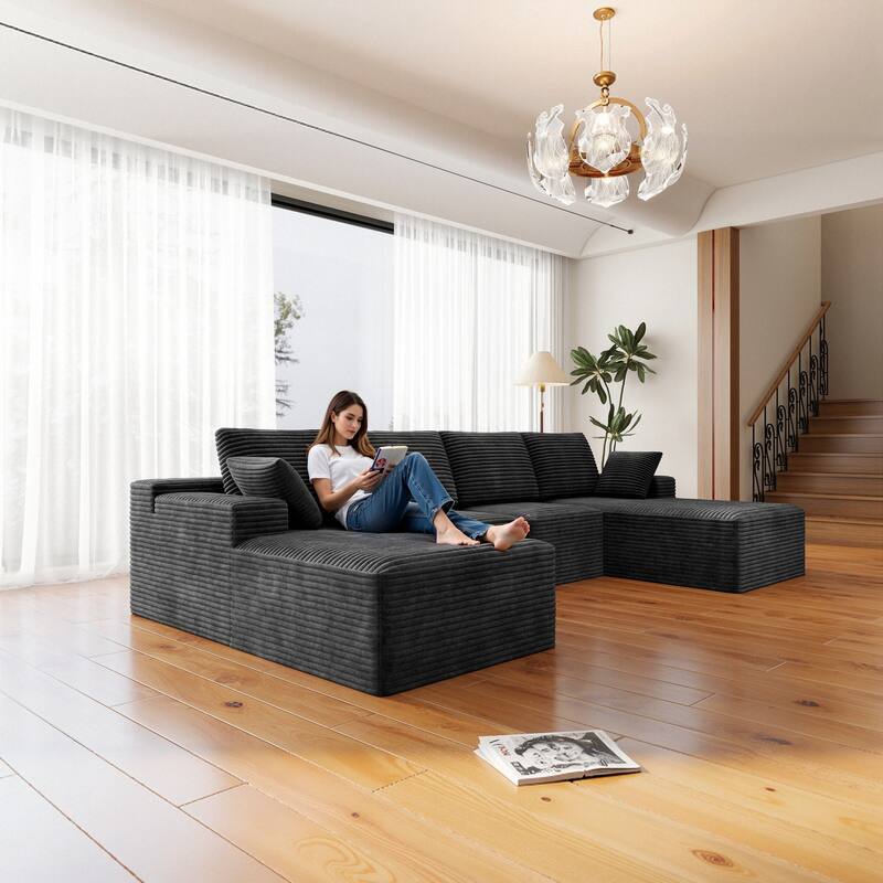 Roomfitters 131.9" Modular Sectional Sofa, 4-Piece Compressed Cloud Couch, No Assembly Required, Plush Corduroy, Grey