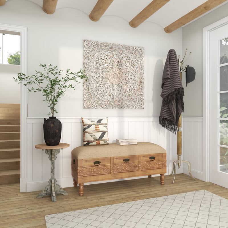 White Wood Handmade Intricately Carved Mandala Floral Home Wall Decor with Brown Distressing