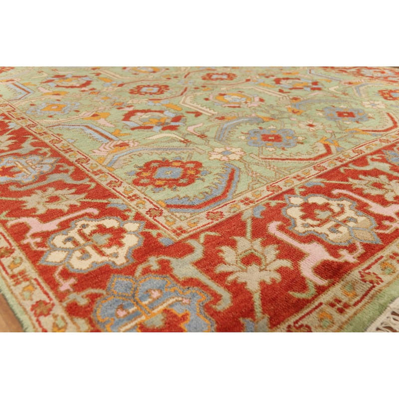 Hand Knotted Oriental 100% Wool Carpet Traditional Geometric Green Heriz (serapi) Area Rug - 9' 10'' X 8' 0''