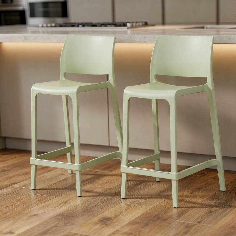 HomeRoots Set of Two 26" Green Heavy Duty Plastic Low Back Outdoor Counter Height Bar Chairs