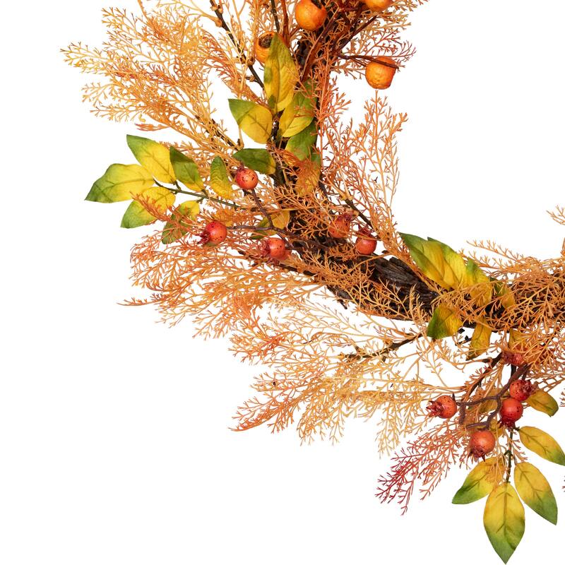 Yellow Orange Berry Leaves Fall Harvest Artificial Wreath 24-Inch