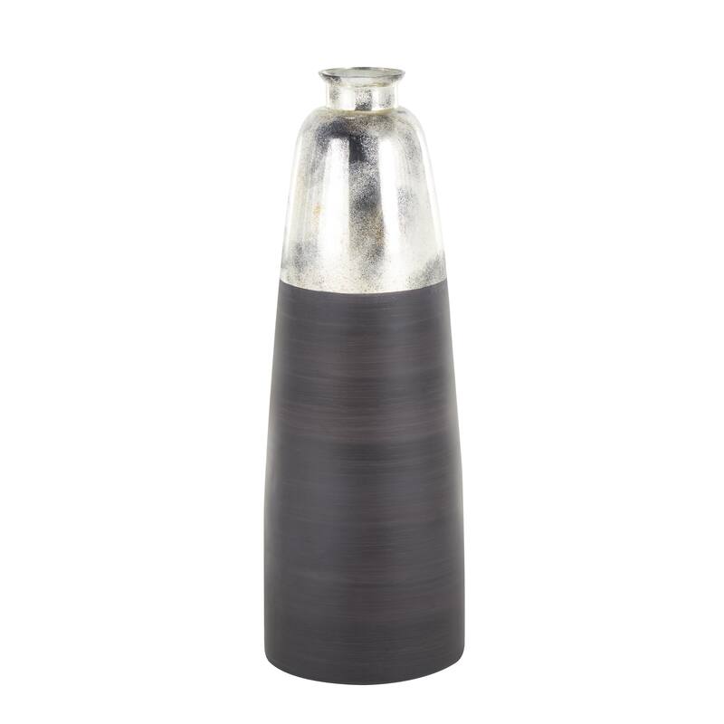 Black Glass Tall Brushed Two-Toned Floor Decorative Vase with Textured Silver Top